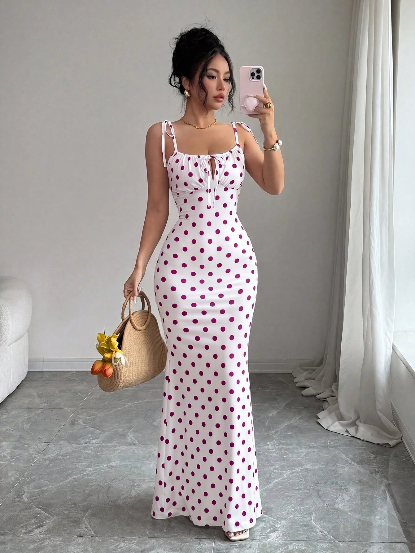 Rafferiza Women's Contrast Color Polka Dot Print Spaghetti Strap Dress - image 17