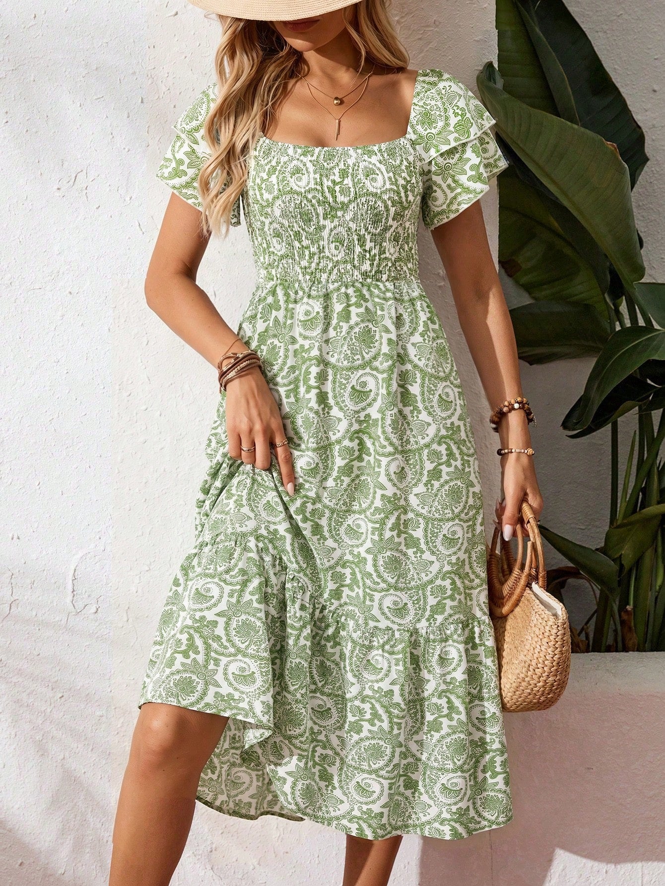 Breezaya Square Neck Ditsy Floral Casual Summer Short Sleeve Dress