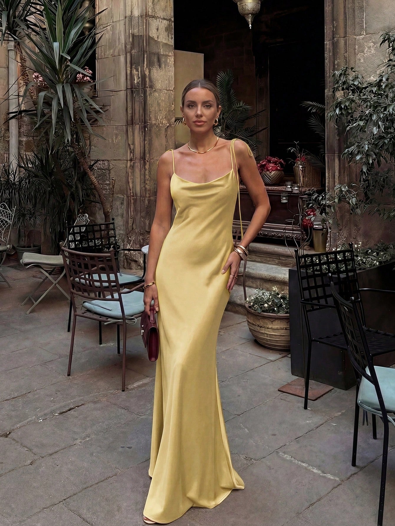 French Elegant Glossy Satin Brown Evening Gown, Cowl Neck Tie Strap Spaghetti Straps Back Zipper Open Back - image 7