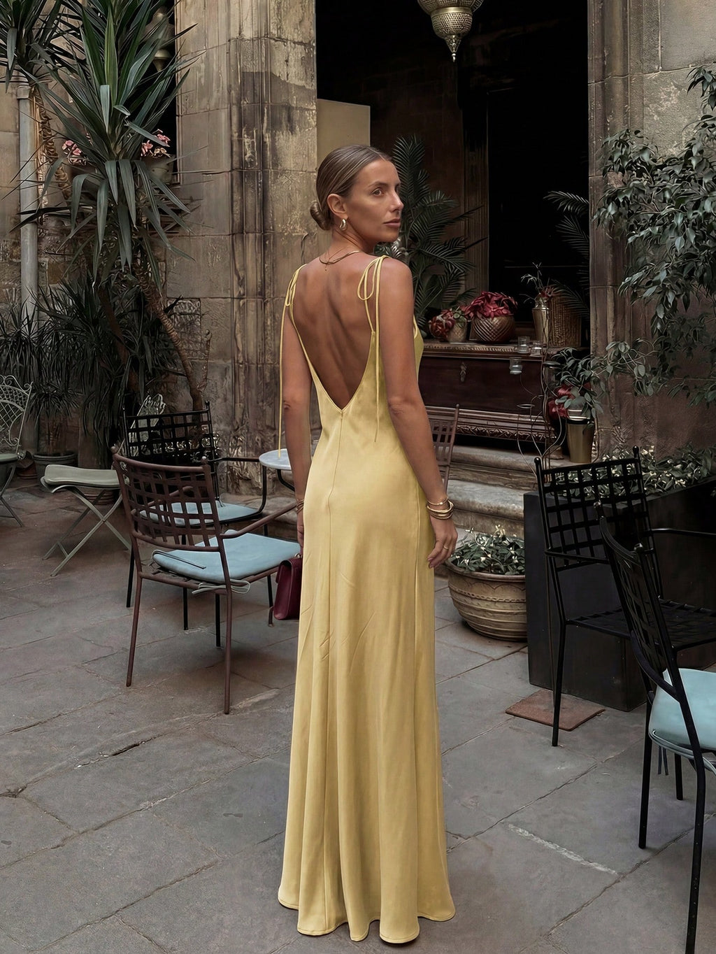 French Elegant Glossy Satin Brown Evening Gown, Cowl Neck Tie Strap Spaghetti Straps Back Zipper Open Back - image 8