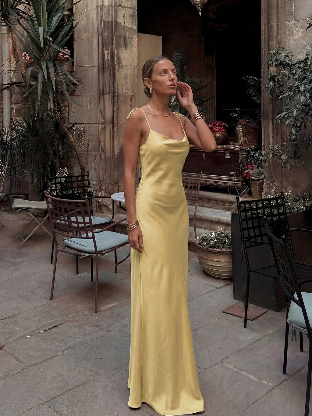 French Elegant Glossy Satin Brown Evening Gown, Cowl Neck Tie Strap Spaghetti Straps Back Zipper Open Back - image 11