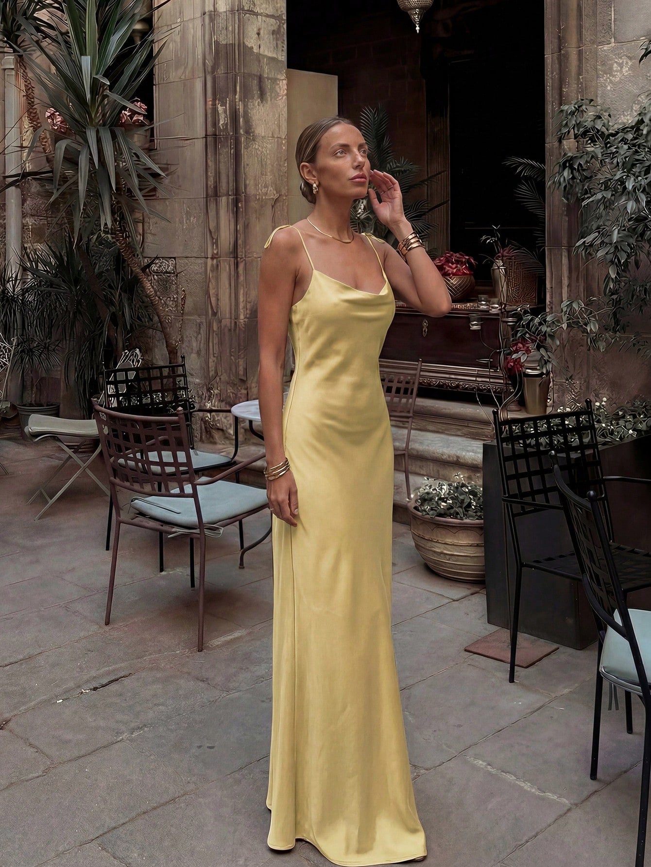 French Elegant Glossy Satin Brown Evening Gown, Cowl Neck Tie Strap Spaghetti Straps Back Zipper Open Back - image 11