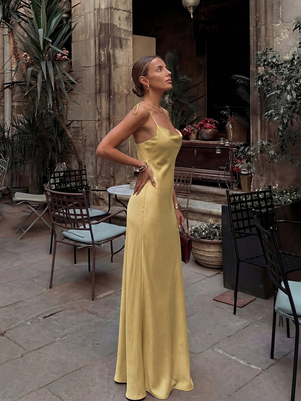 French Elegant Glossy Satin Brown Evening Gown, Cowl Neck Tie Strap Spaghetti Straps Back Zipper Open Back - image 12