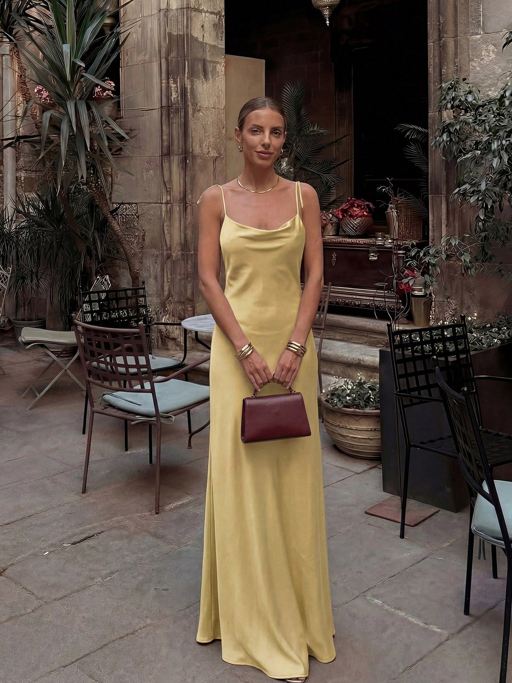 French Elegant Glossy Satin Brown Evening Gown, Cowl Neck Tie Strap Spaghetti Straps Back Zipper Open Back - image 10