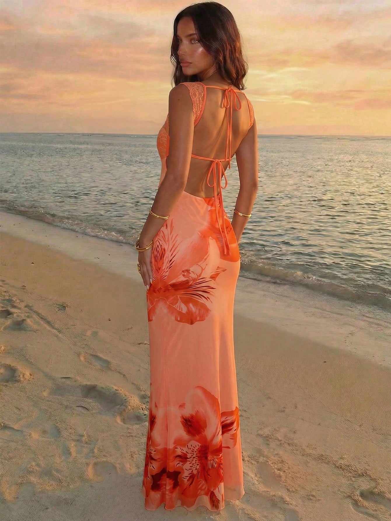 Aloruh Cream Yellow Gradient Floral Mesh Bodycon Backless Summer