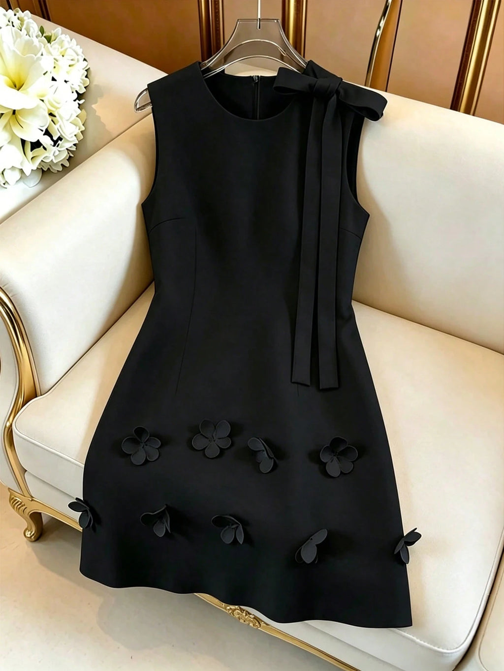 GlowEve French Elegant Women's Pale Yellow Summer Sleeveless Dress,Floral Petal 3D Flower Design With