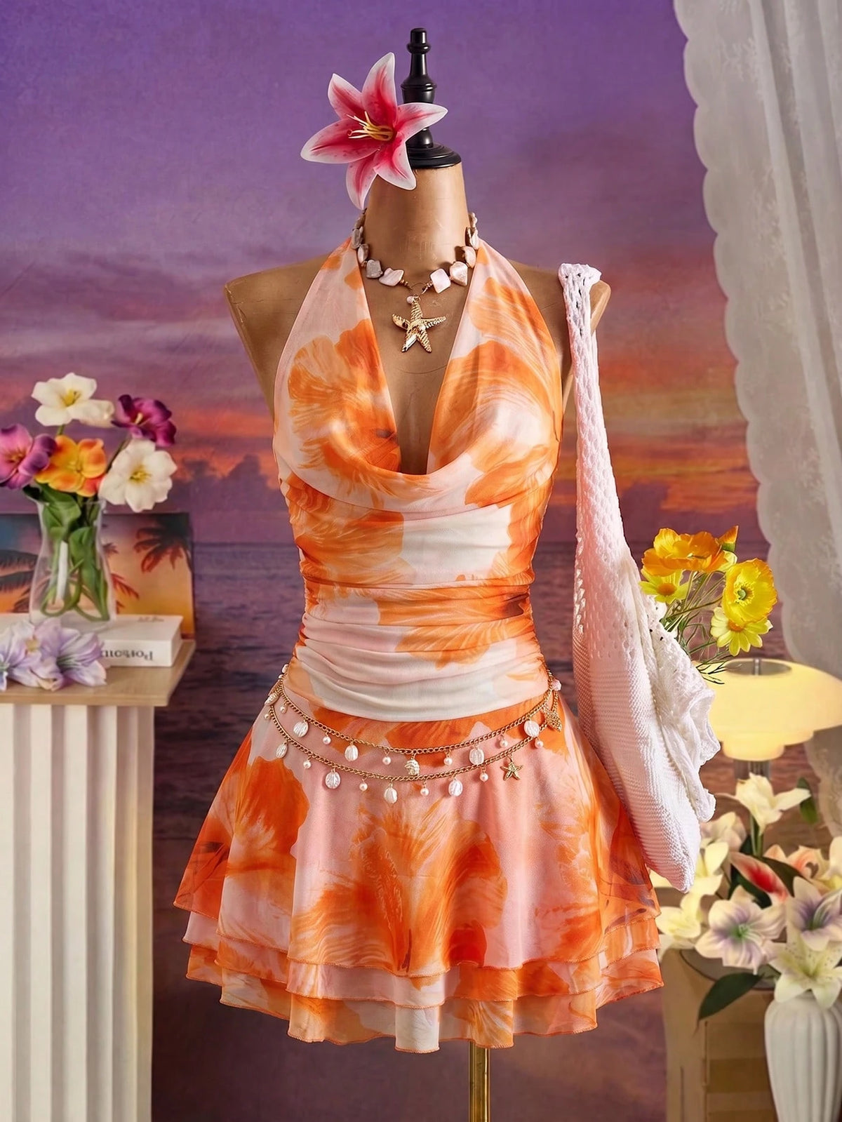 Spring/Summer New Women's Fashion Sexy Print Dress - Cowl