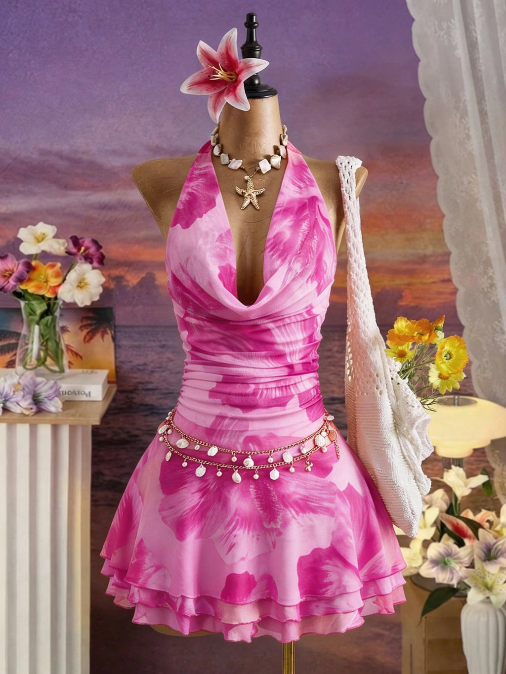 Bellisia Spring/Summer New Women's Fashion Sexy Print Dress - Cowl Neck Design - Waist Cinched & Ruched