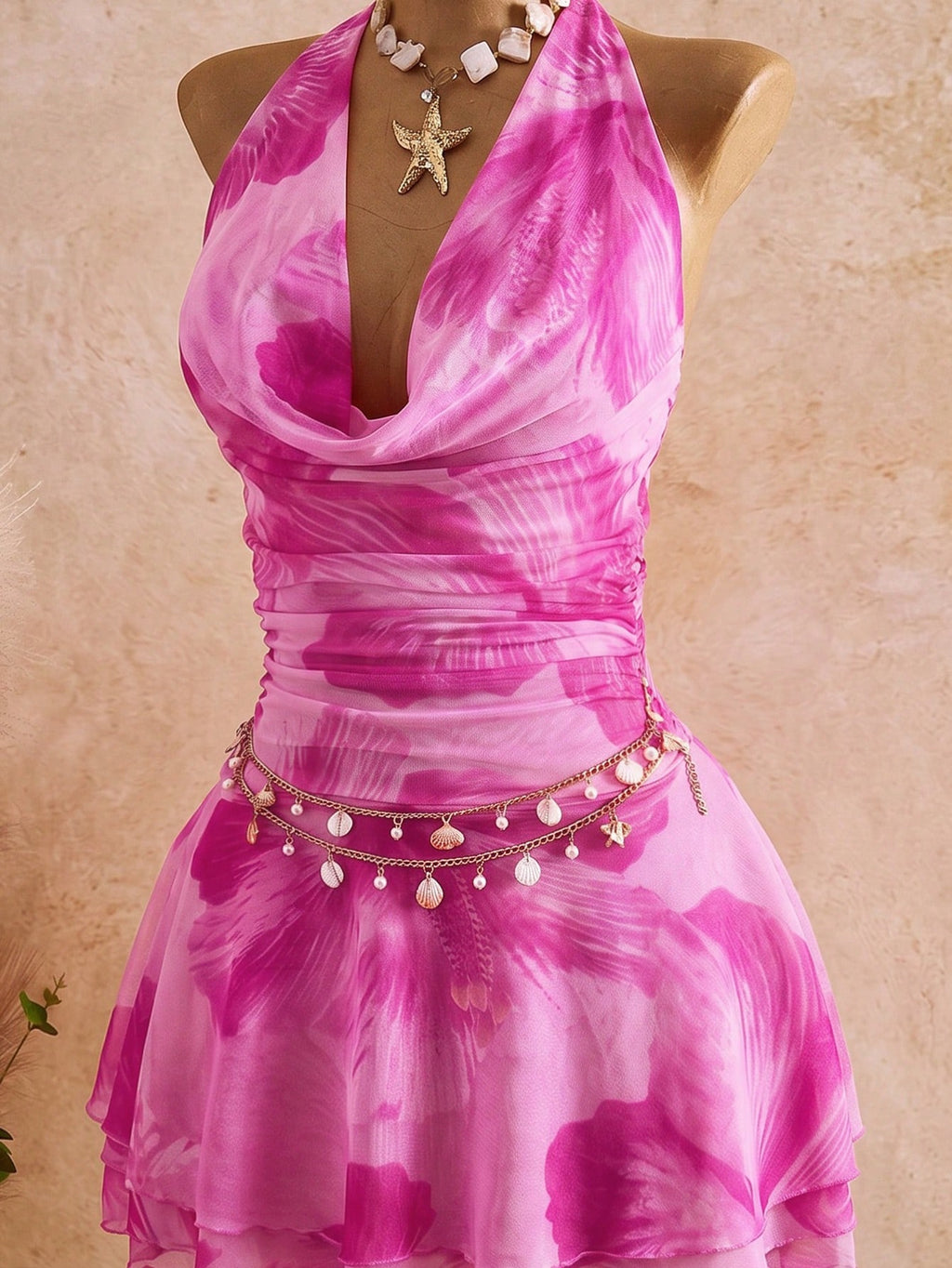 Bellisia Spring/Summer New Women's Fashion Sexy Print Dress - Cowl Neck Design - Waist Cinched & Ruched - image 3