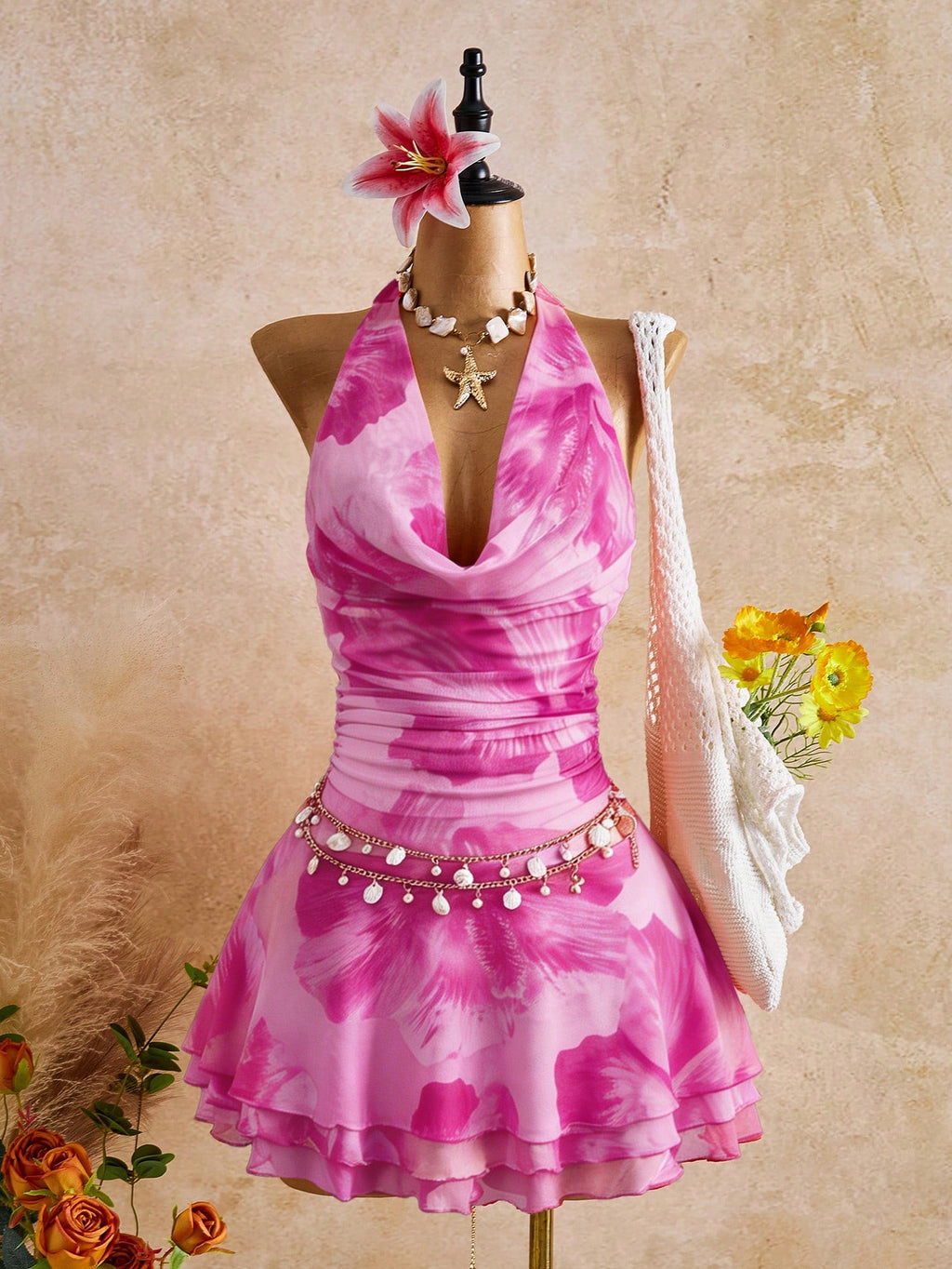 Bellisia Spring/Summer New Women's Fashion Sexy Print Dress - Cowl Neck Design - Waist Cinched & Ruched - image 4