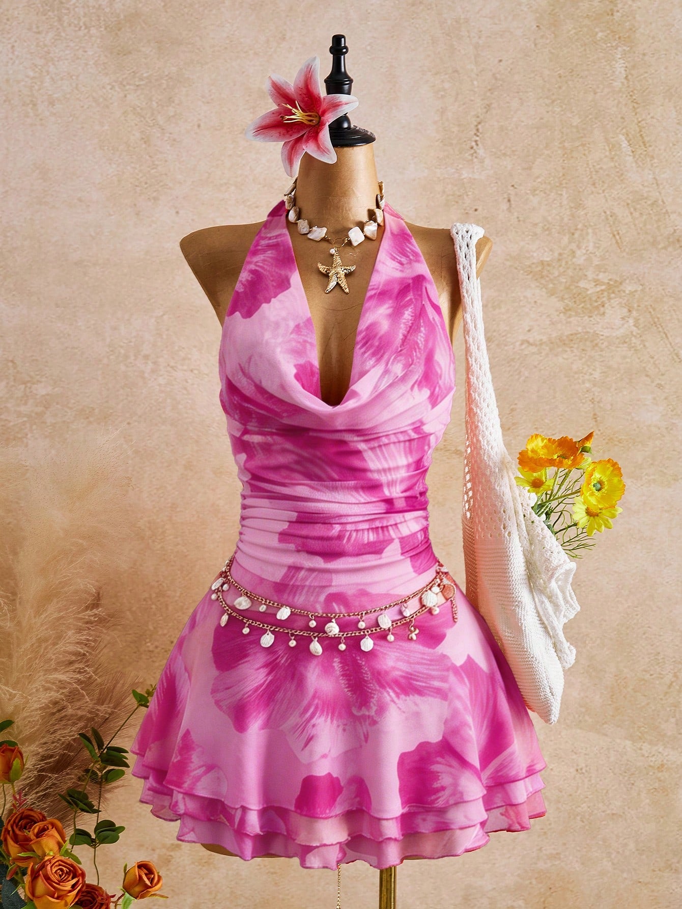Bellisia Spring/Summer New Women's Fashion Sexy Print Dress - Cowl Neck Design - Waist Cinched & Ruched - image 4
