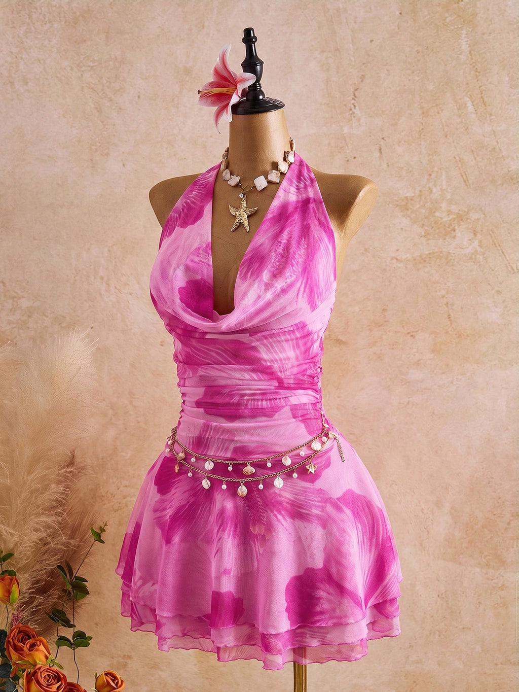 Bellisia Spring/Summer New Women's Fashion Sexy Print Dress - Cowl Neck Design - Waist Cinched & Ruched - image 5