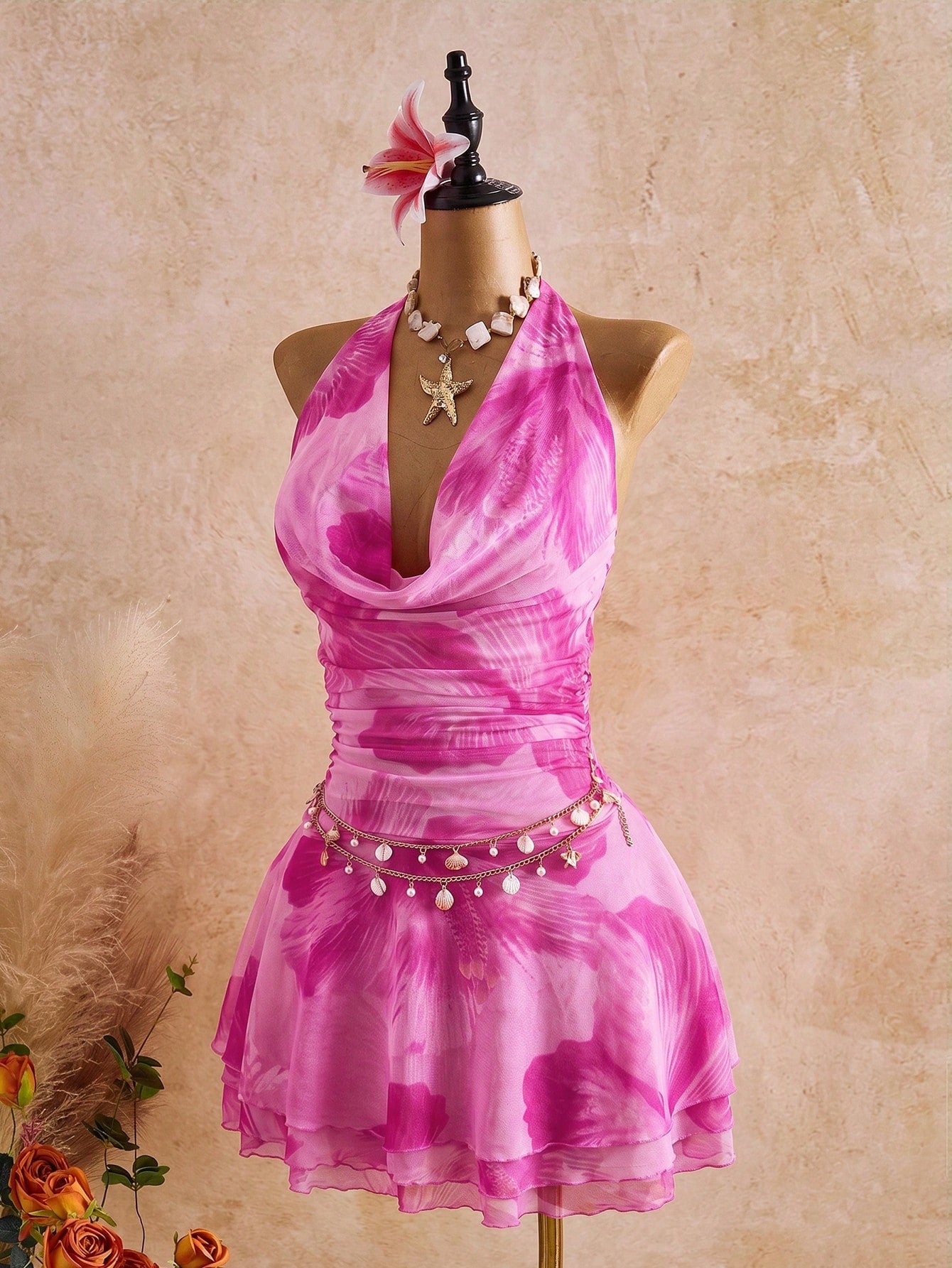 Bellisia Spring/Summer New Women's Fashion Sexy Print Dress - Cowl Neck Design - Waist Cinched & Ruched - image 5