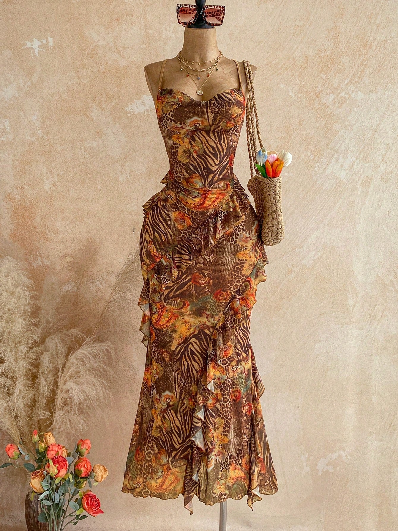 Soleia Women's Colorful Vintage Floral Print Draped Neck Layered