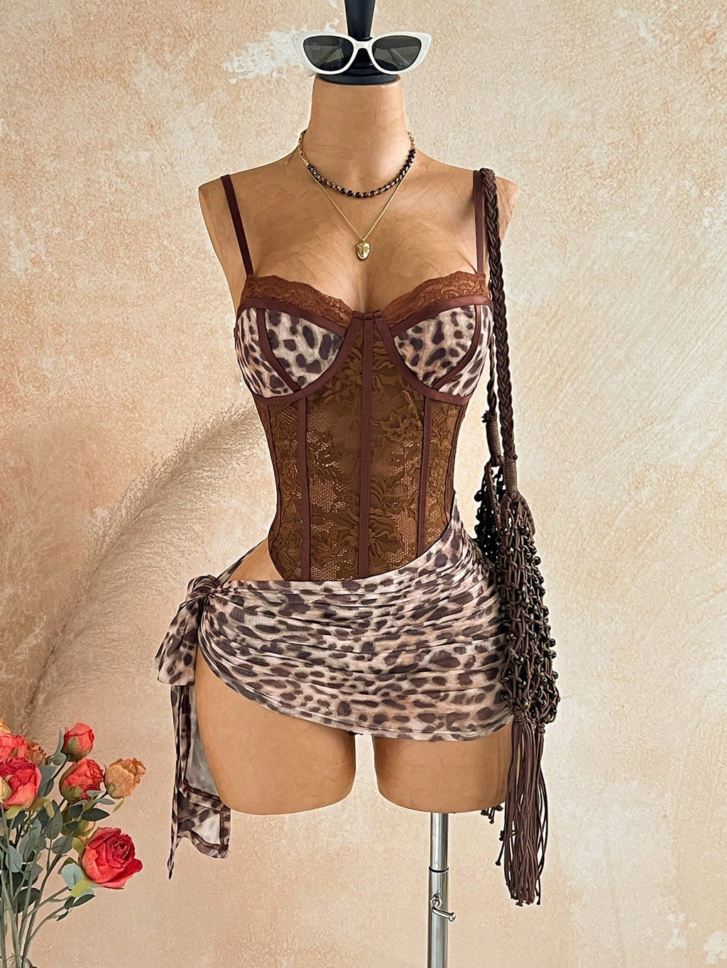 Soleia Women's Sexy Lace Patchwork Leopard Print Hollow Lace-Up