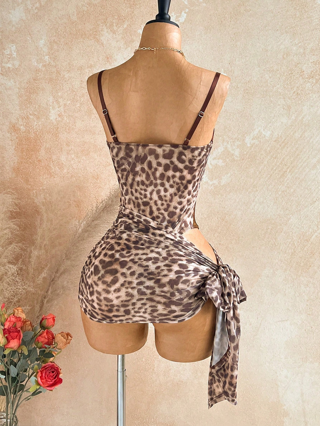 Soleia Women's Sexy Lace Patchwork Leopard Print Hollow Lace-Up