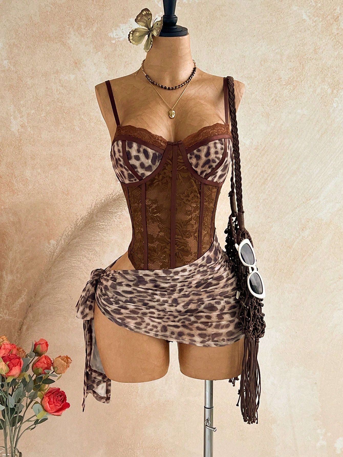 Soleia Women's Sexy Lace Patchwork Leopard Print Hollow Lace-Up
