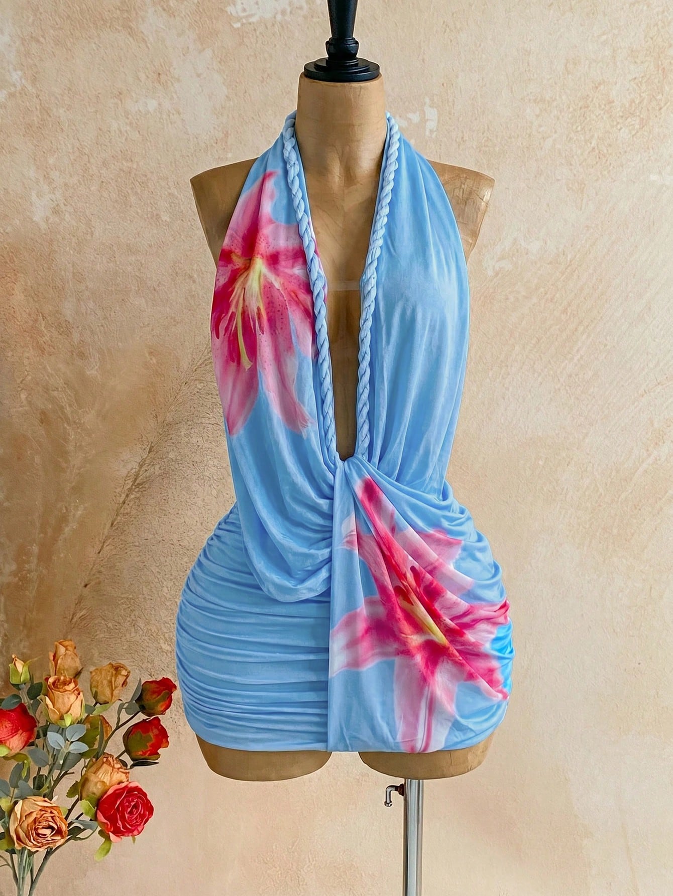 Soleia Women's Floral Print Deep V Neck Ruched Sexy Halter Mini