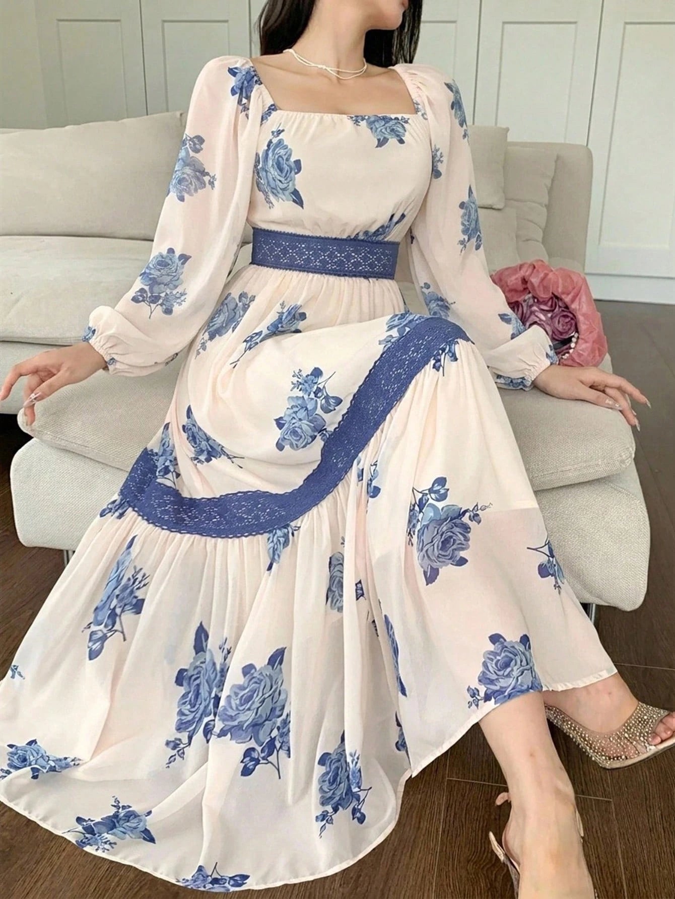 DAZY Contrast Color Lace Full Floral Print Mid-Length Dress For Women
