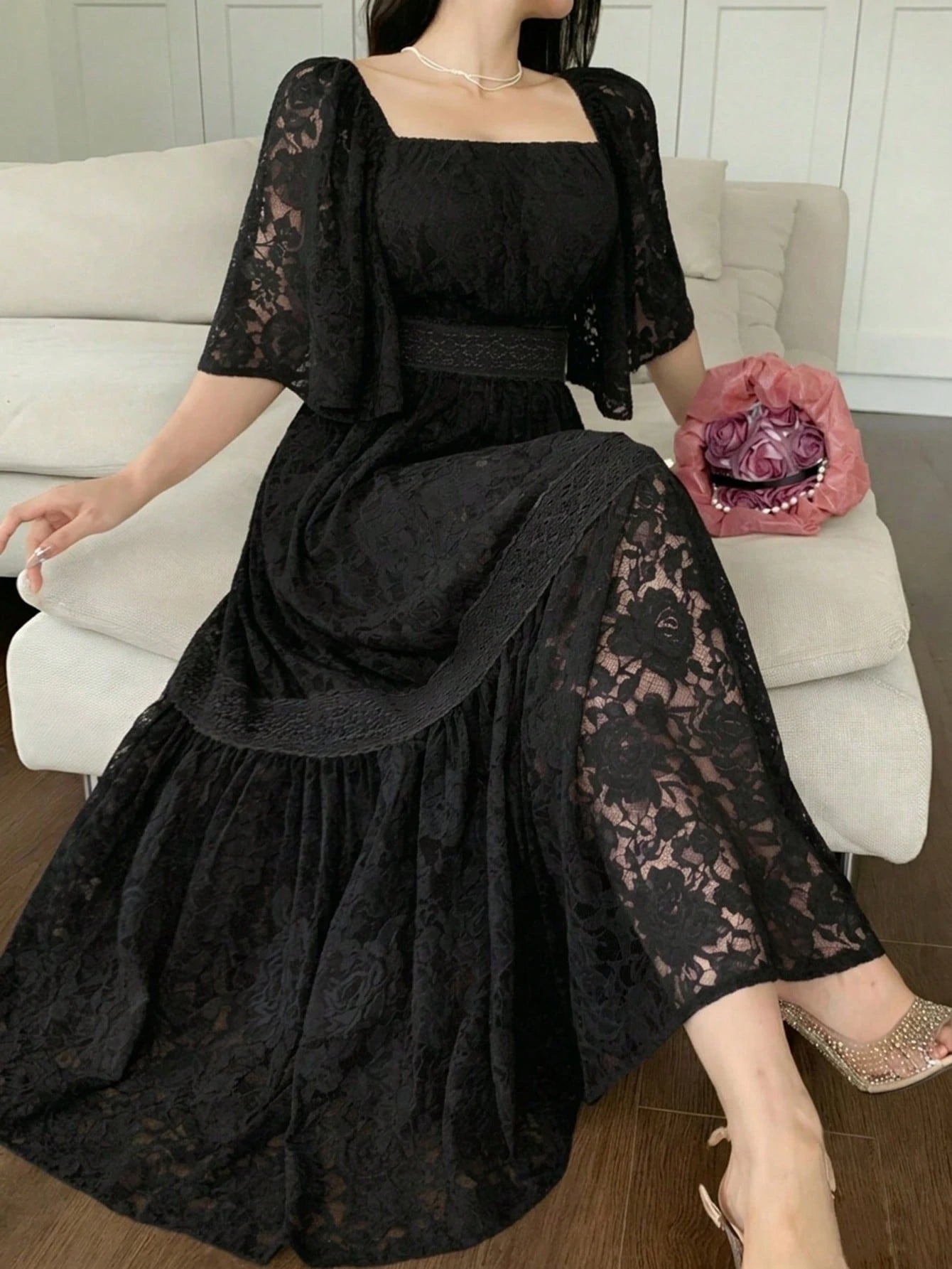 DAZY Contrast Color Lace Full Floral Print Mid-Length Dress For Women