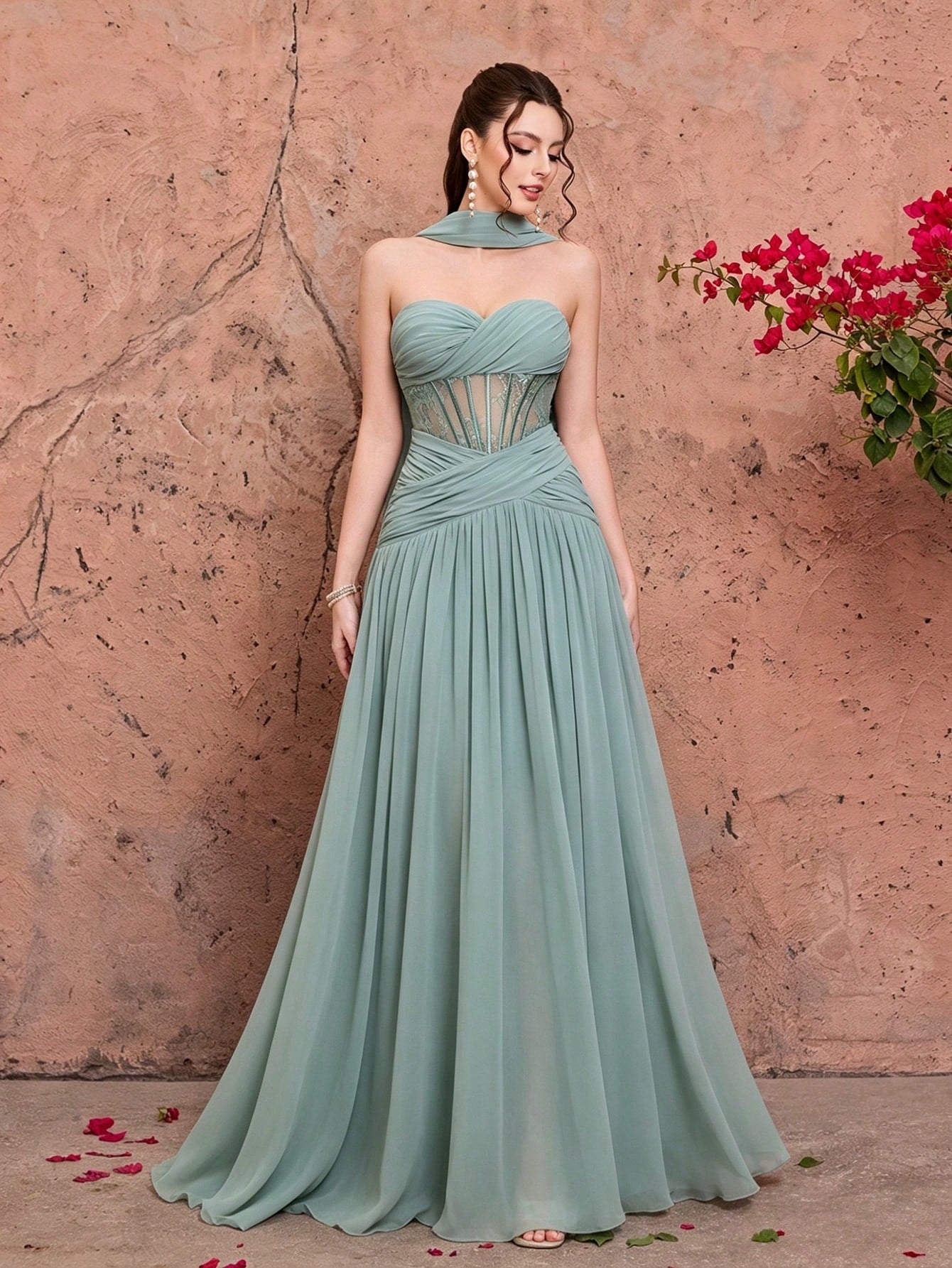 Mgiacy Women's Elegant Mint Green Chiffon Heart Neckline Strapless Corset Back Lace-Up A-Line Maxi Dress,