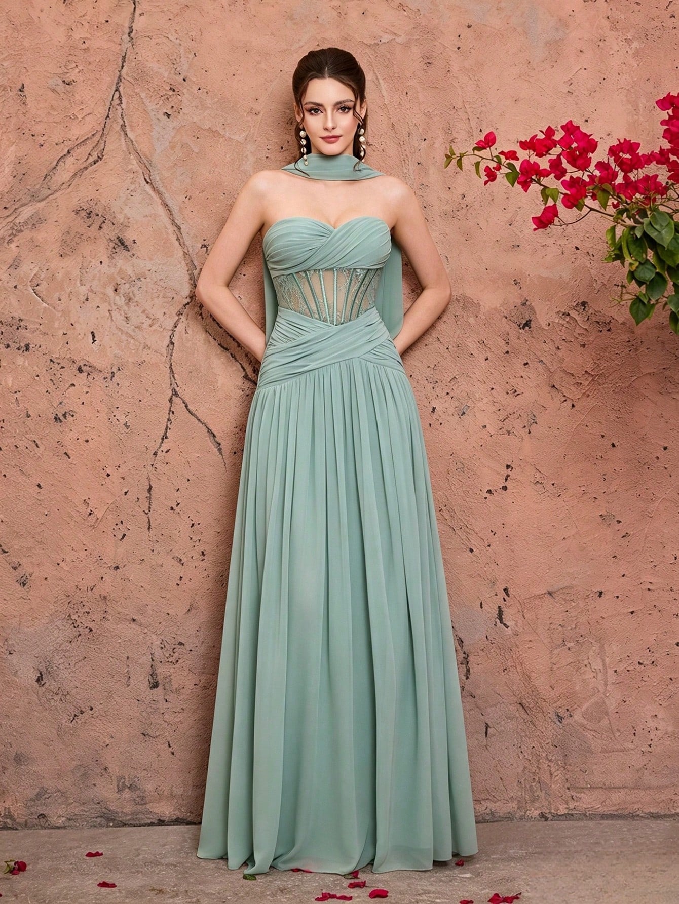 Mgiacy Women's Elegant Mint Green Chiffon Heart Neckline Strapless Corset Back Lace-Up A-Line Maxi Dress, - image 5