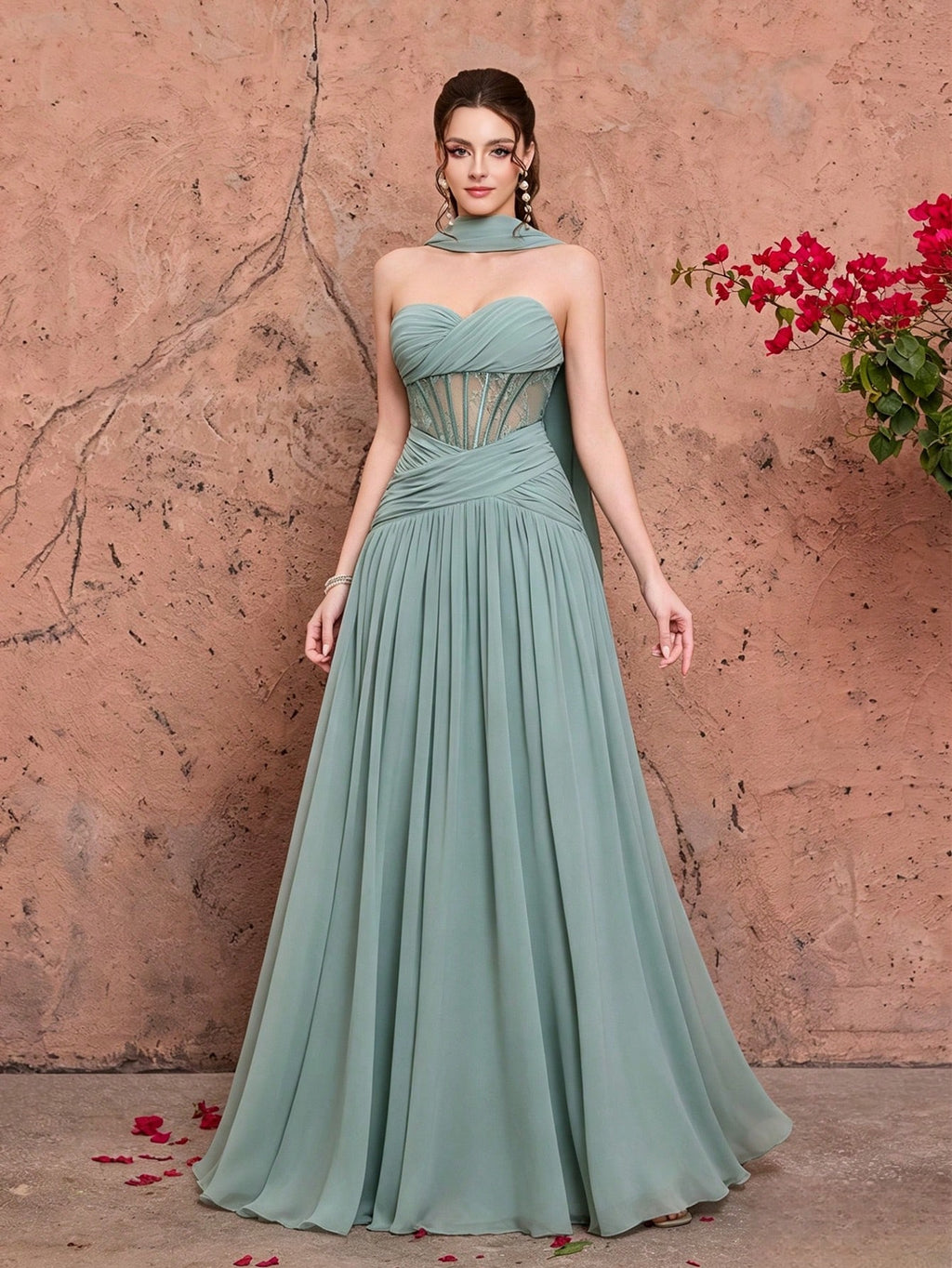 Mgiacy Women's Elegant Mint Green Chiffon Heart Neckline Strapless Corset Back Lace-Up A-Line Maxi Dress, - image 6