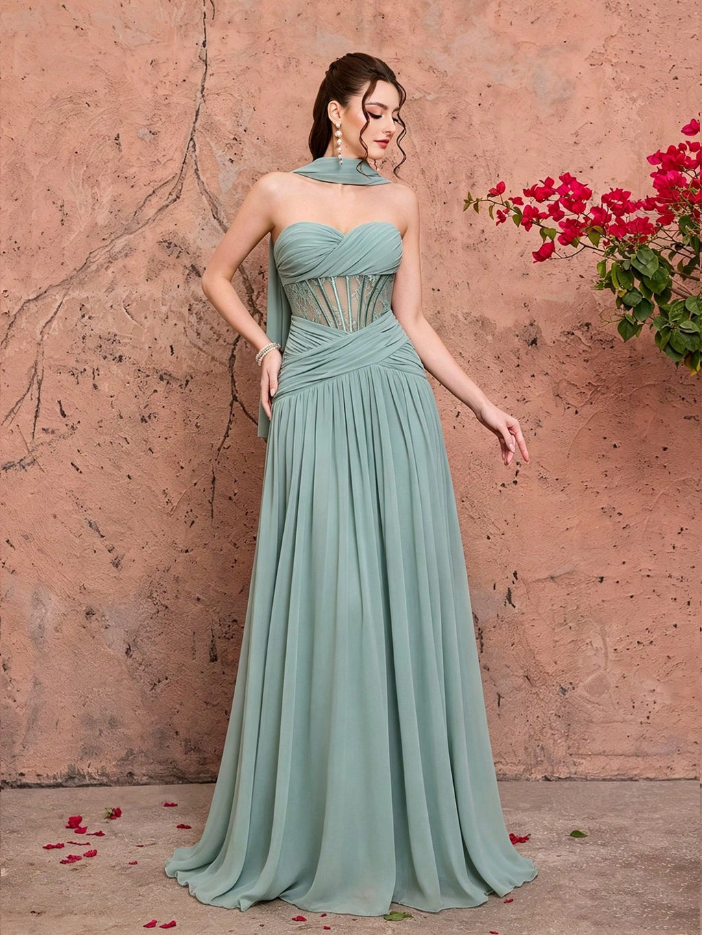 Mgiacy Women's Elegant Mint Green Chiffon Heart Neckline Strapless Corset Back Lace-Up A-Line Maxi Dress, - image 4