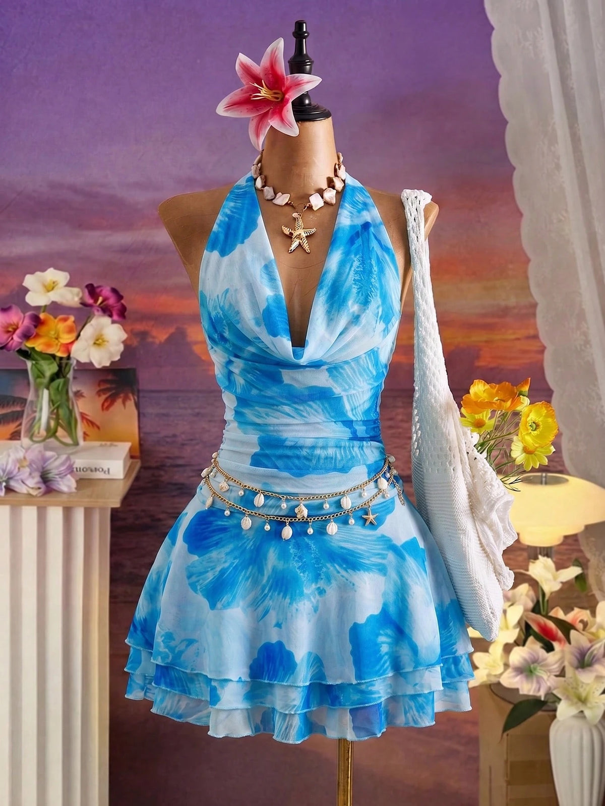 Bellisia Spring/Summer New Women's Fashion Sexy Print Dress - Cowl Neck Design - Waist Cinched & Ruched - image 16
