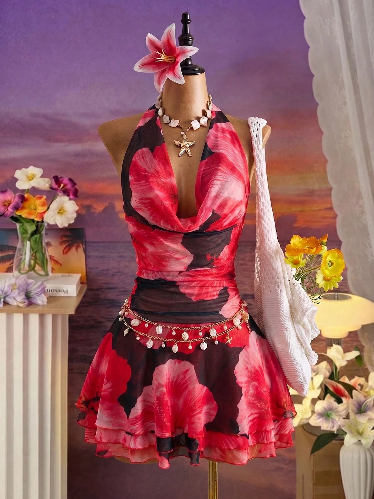 Bellisia Spring/Summer New Women's Fashion Sexy Print Dress - Cowl Neck Design - Waist Cinched & Ruched - image 11