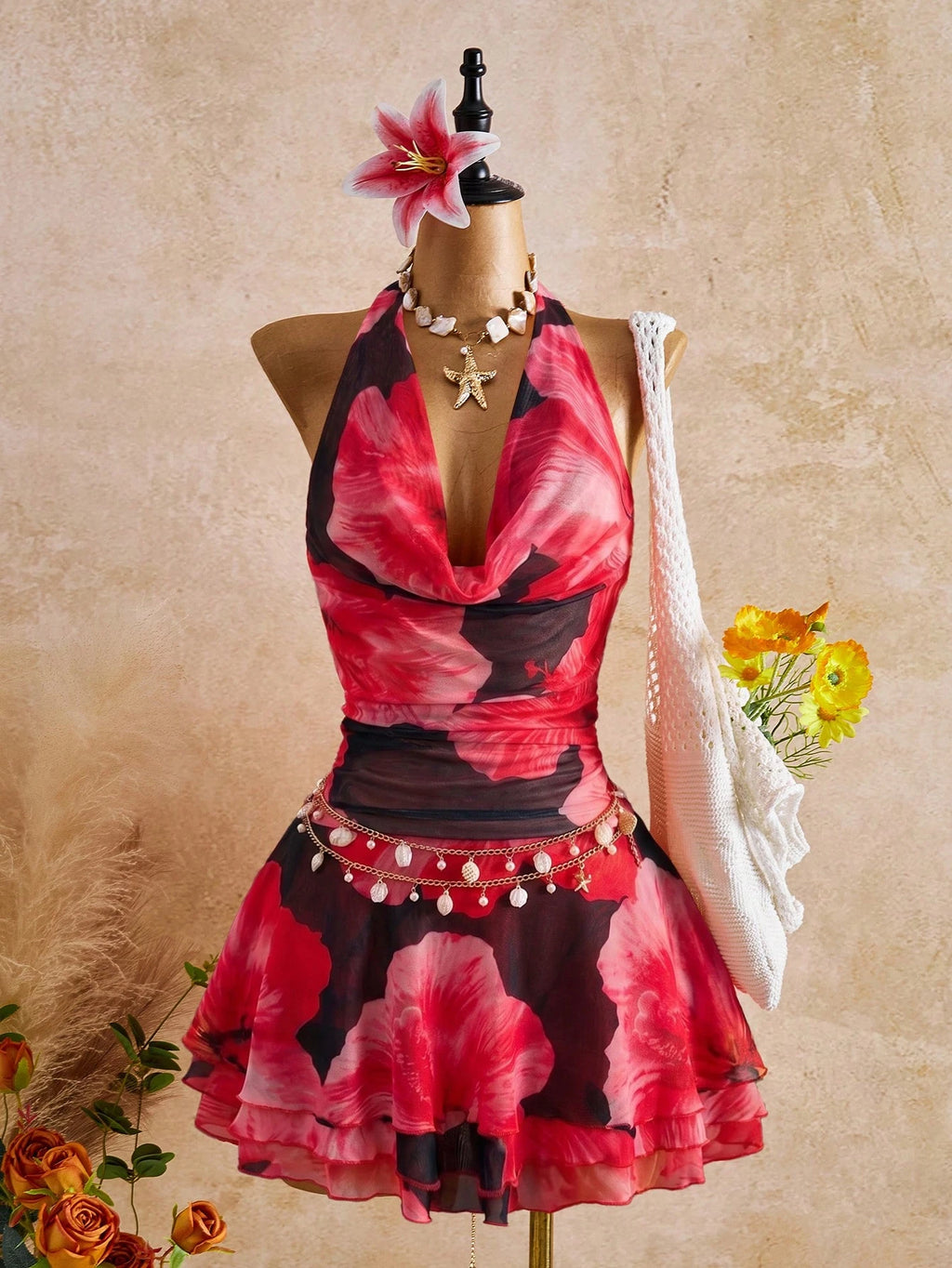Bellisia Spring/Summer New Women's Fashion Sexy Print Dress - Cowl Neck Design - Waist Cinched & Ruched - image 14