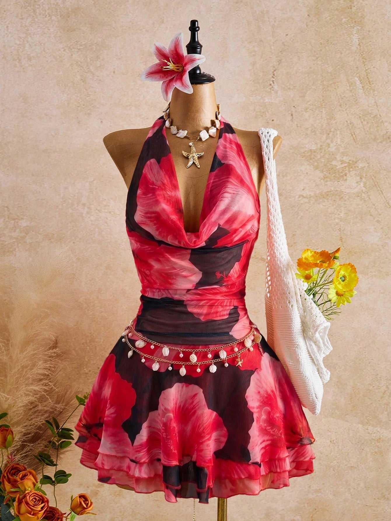Bellisia Spring/Summer New Women's Fashion Sexy Print Dress - Cowl Neck Design - Waist Cinched & Ruched - image 14