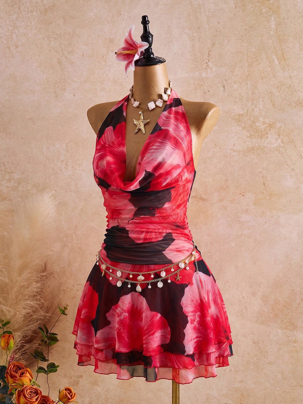 Bellisia Spring/Summer New Women's Fashion Sexy Print Dress - Cowl Neck Design - Waist Cinched & Ruched - image 15