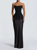 Women's Strapless Ruched Formal Gown, High Side Slit, Draped Waist Detail, Slimming Fit, Minimalist Elegant