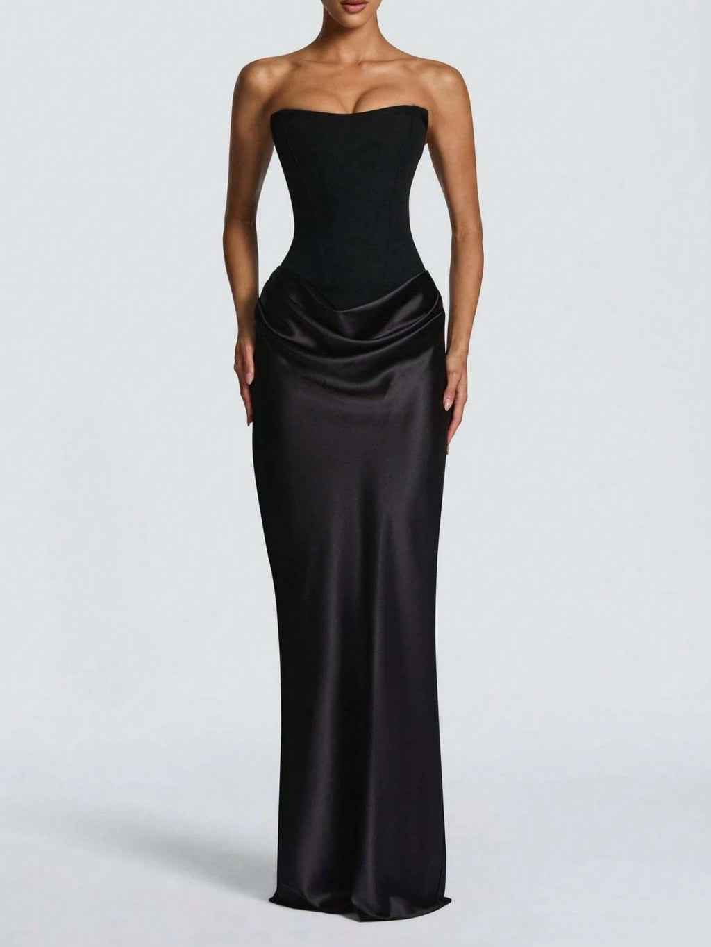 Women's Strapless Ruched Formal Gown, High Side Slit, Draped Waist