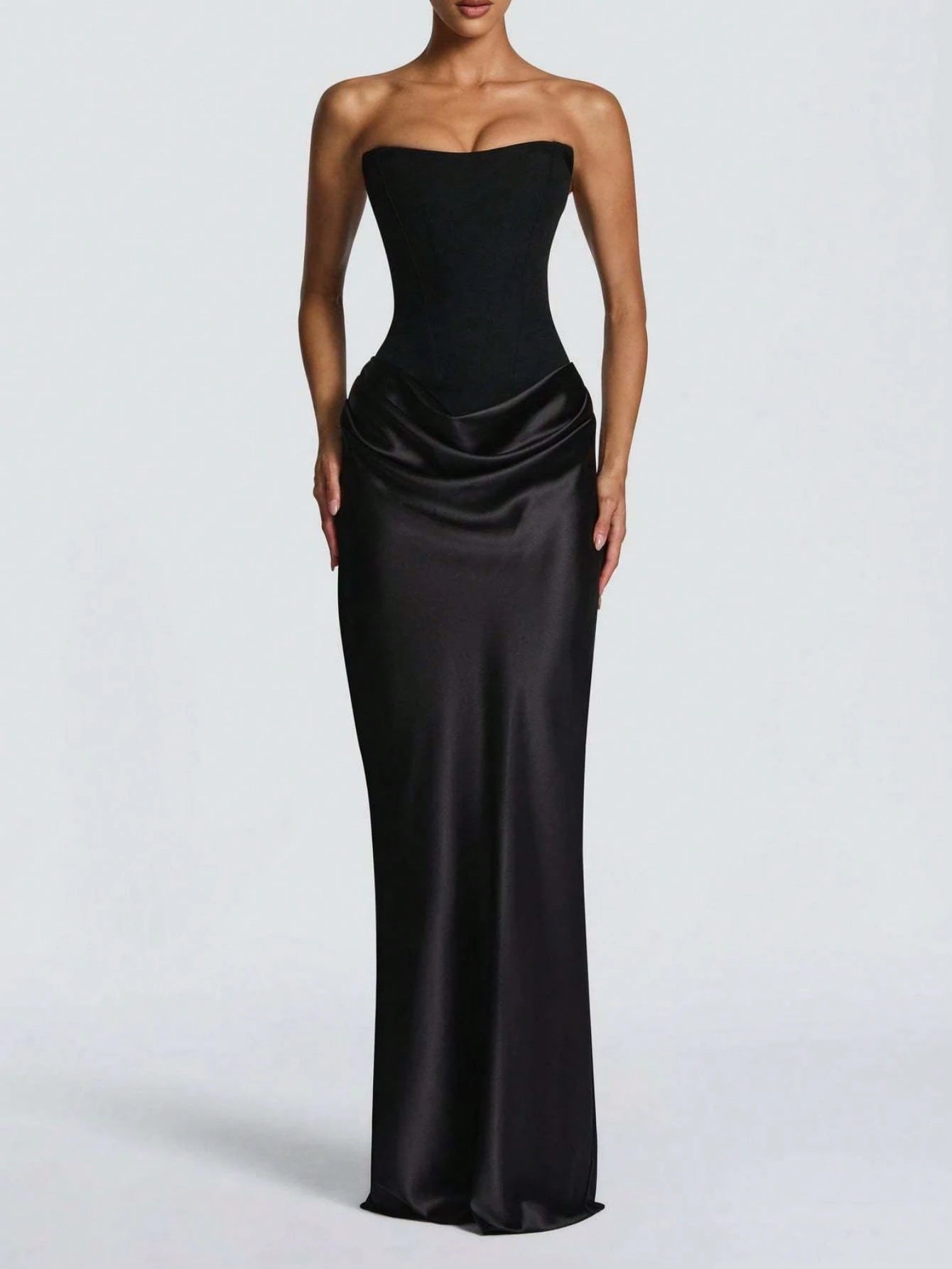 Women's Strapless Ruched Formal Gown, High Side Slit, Draped Waist Detail, Slimming Fit, Minimalist Elegant - image 3