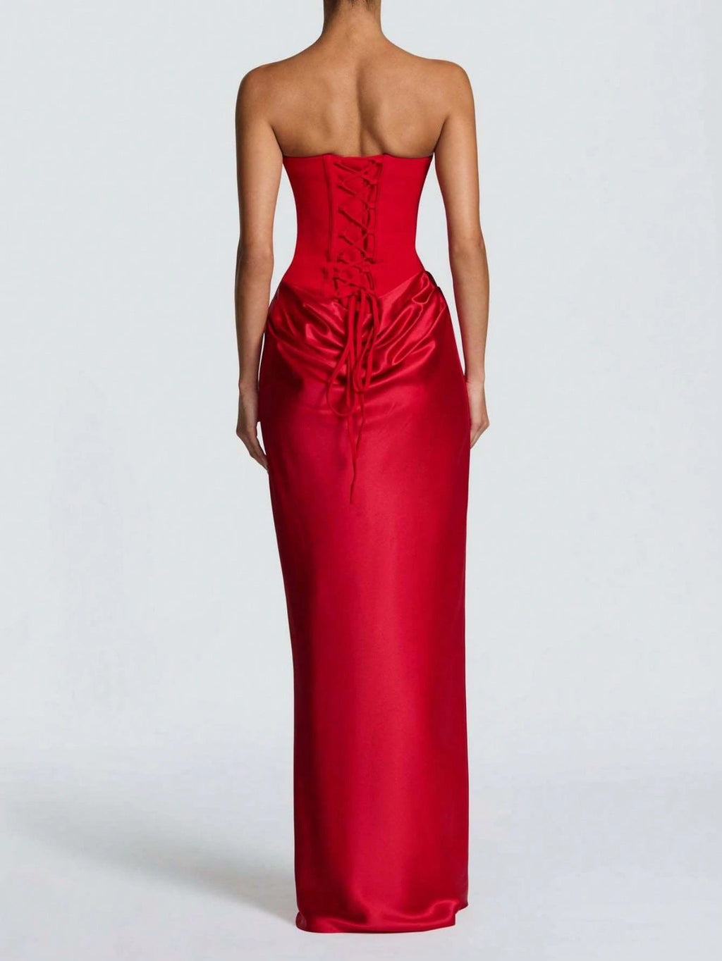 Women's Strapless Ruched Formal Gown, High Side Slit, Draped Waist