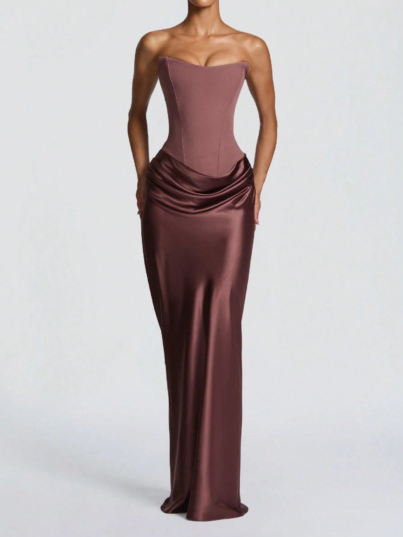 Women's Strapless Ruched Formal Gown, High Side Slit, Draped Waist Detail, Slimming Fit, Minimalist Elegant - image 20