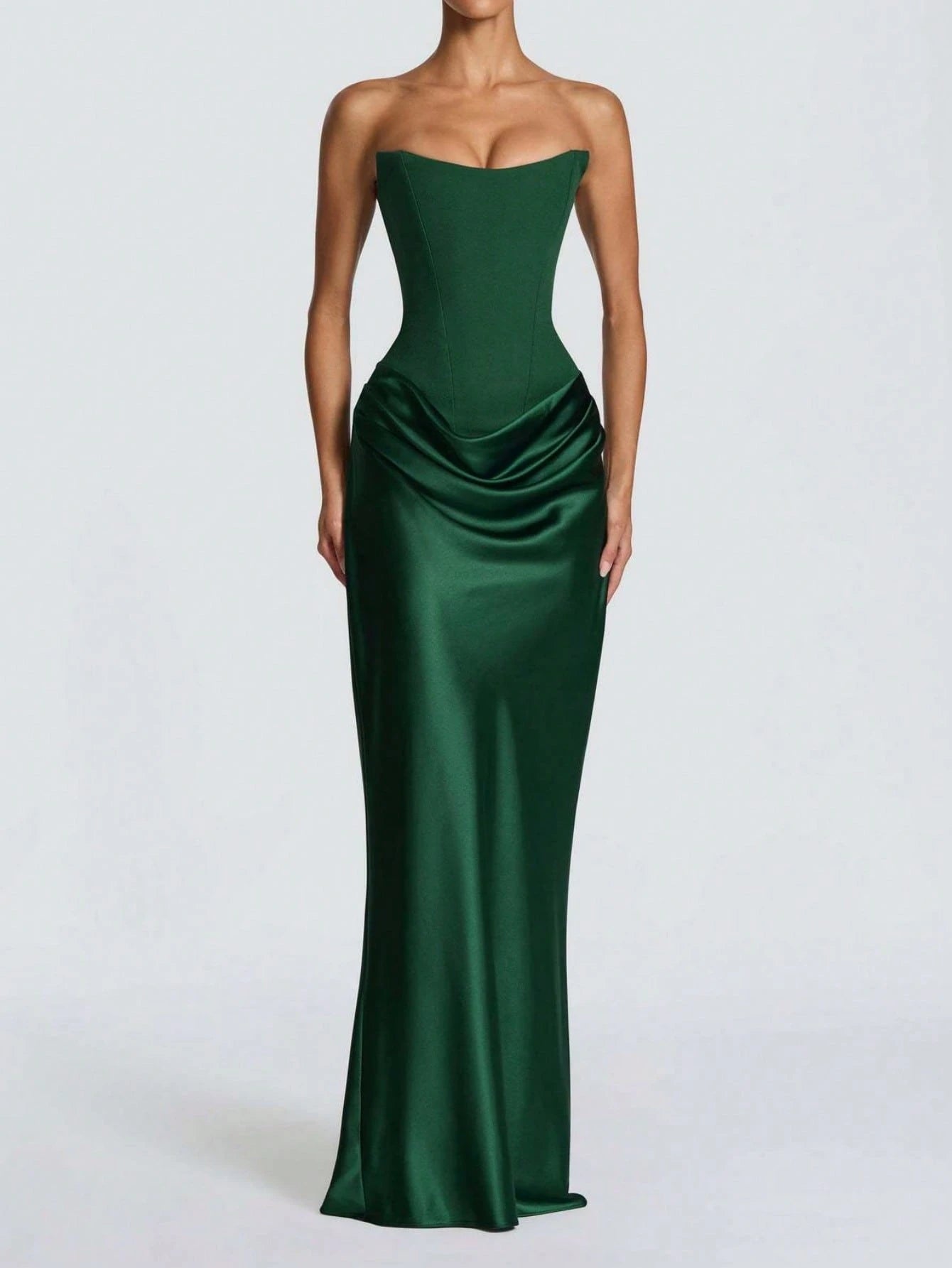 Women's Strapless Ruched Formal Gown, High Side Slit, Draped Waist