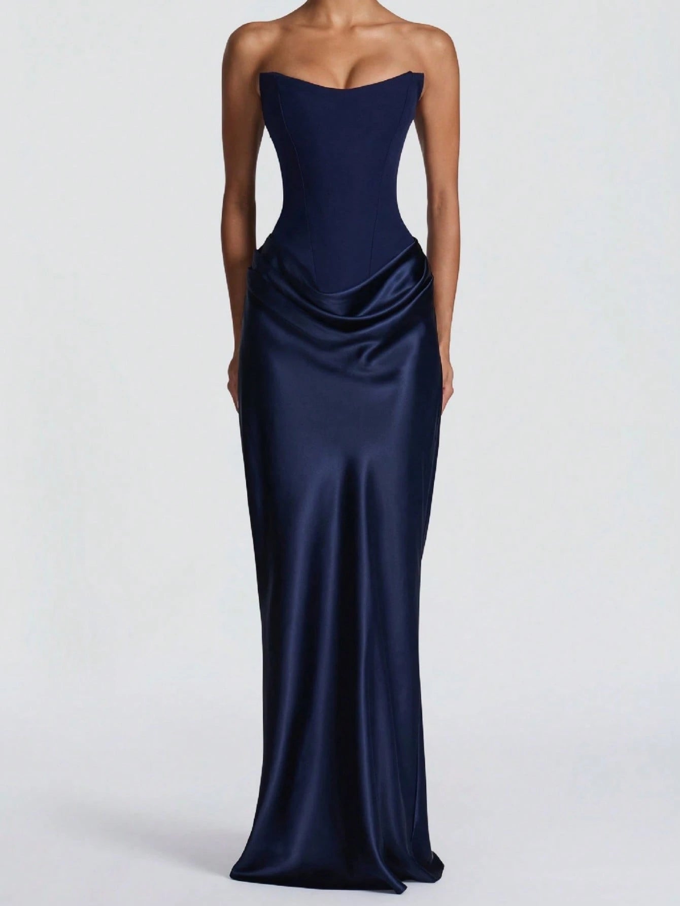 Women's Strapless Ruched Formal Gown, High Side Slit, Draped Waist