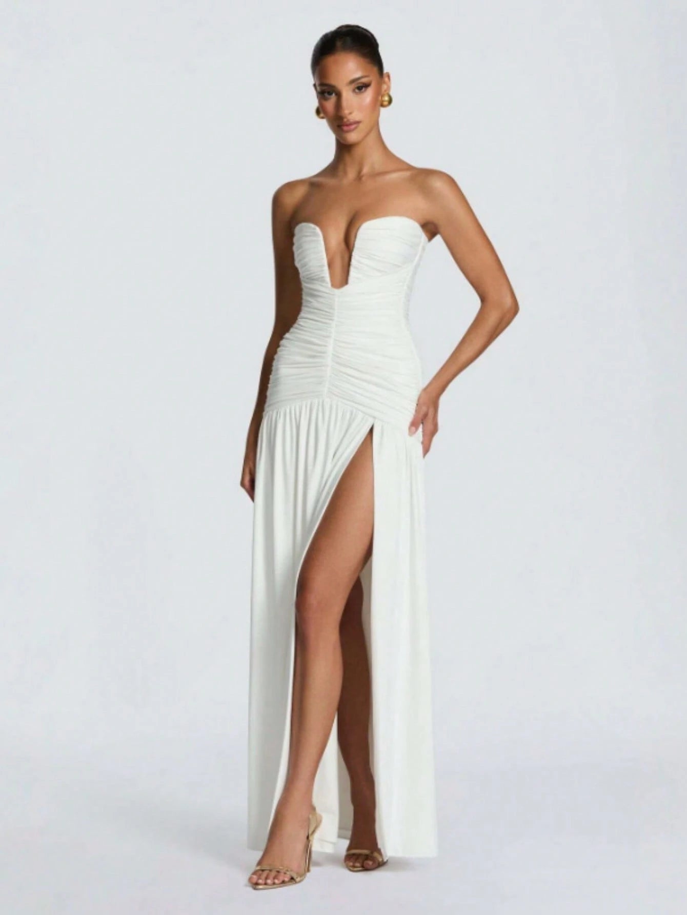 Women's Strapless Ruched Formal Gown, High Side Slit, Draped Waist