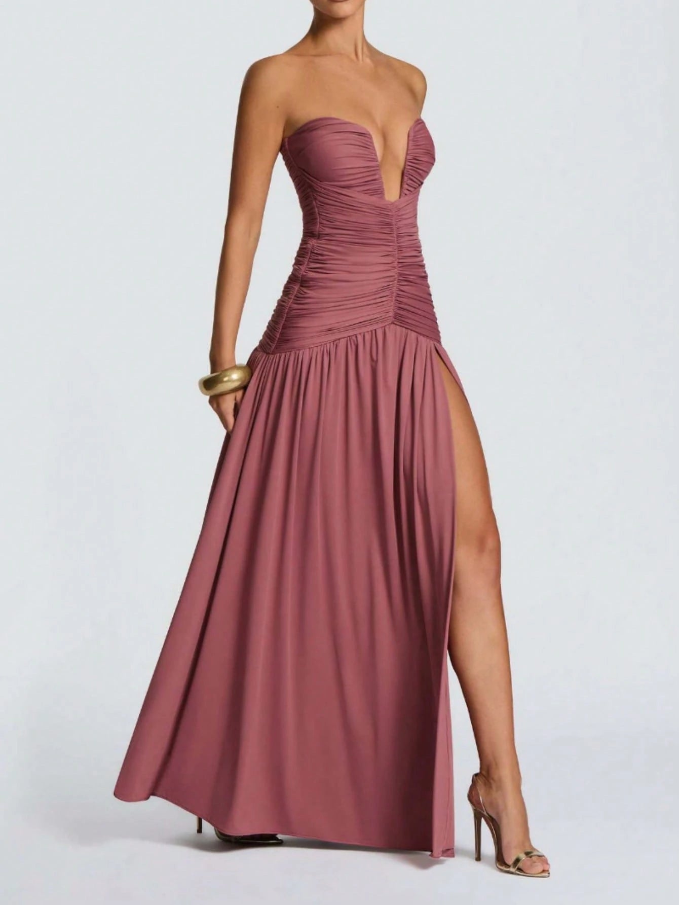 Women's Strapless Ruched Formal Gown, High Side Slit, Draped Waist