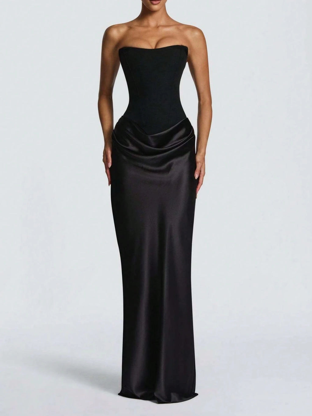 Women's Strapless Ruched Formal Gown, High Side Slit, Draped Waist