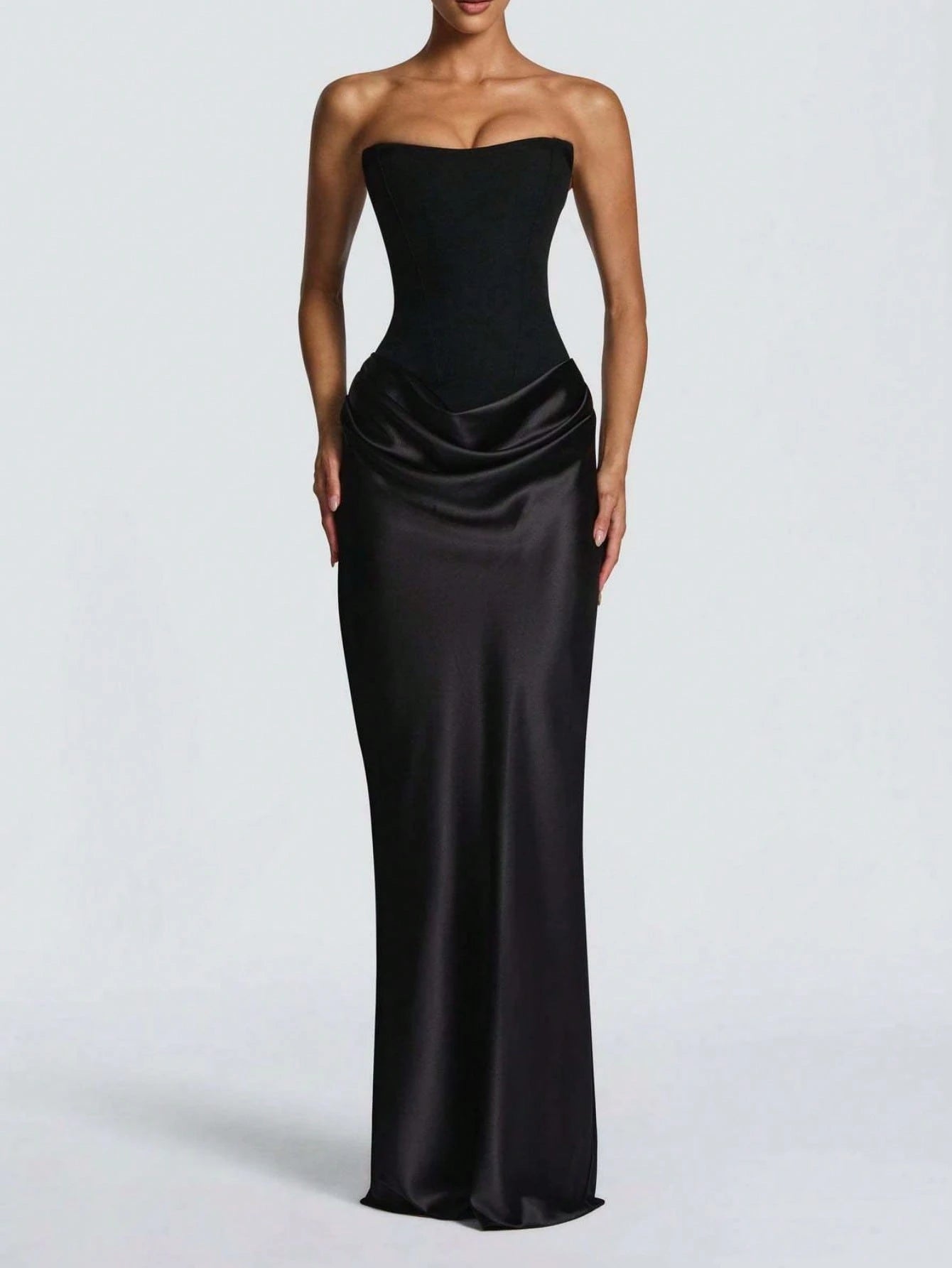 Women's Strapless Ruched Formal Gown, High Side Slit, Draped Waist