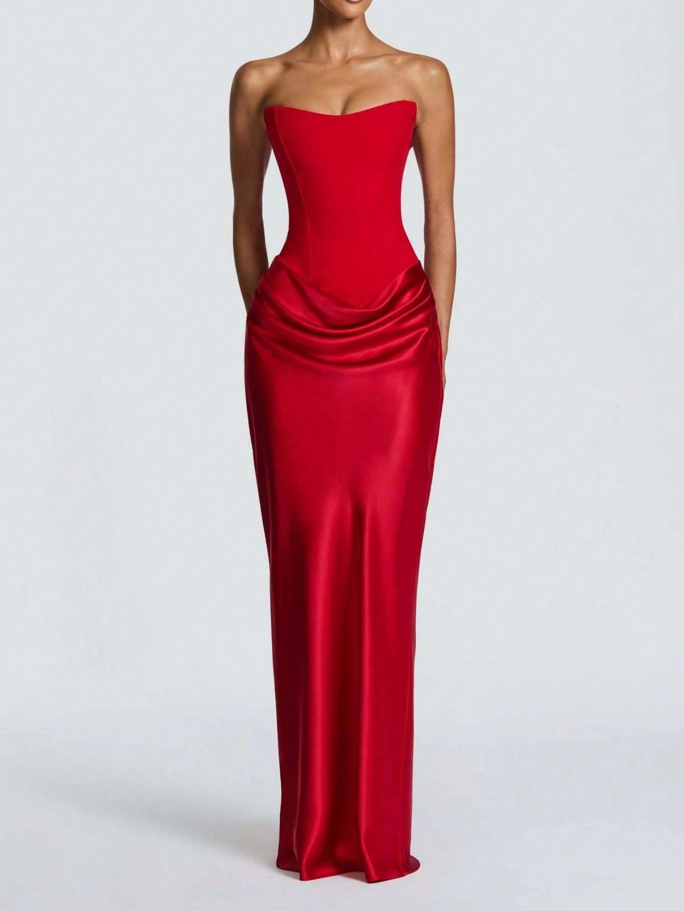 Women's Strapless Ruched Formal Gown, High Side Slit, Draped Waist