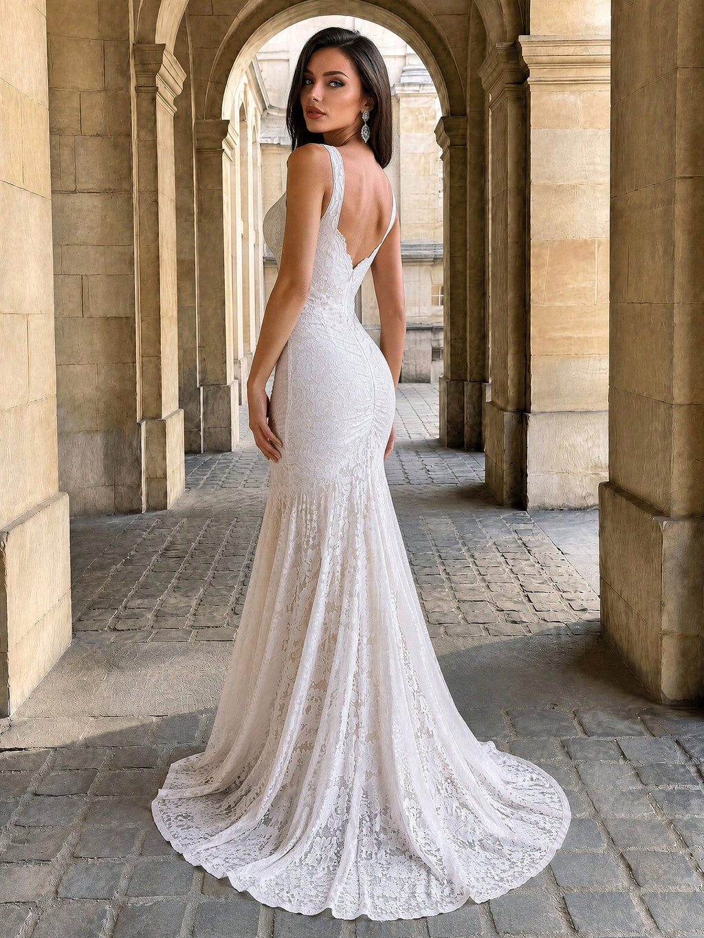 Firerie White Champagne V-Neck Scalloped Lace Backless Mermaid Tail Floor-Length Wedding Dress, Boho Bridal - image 3
