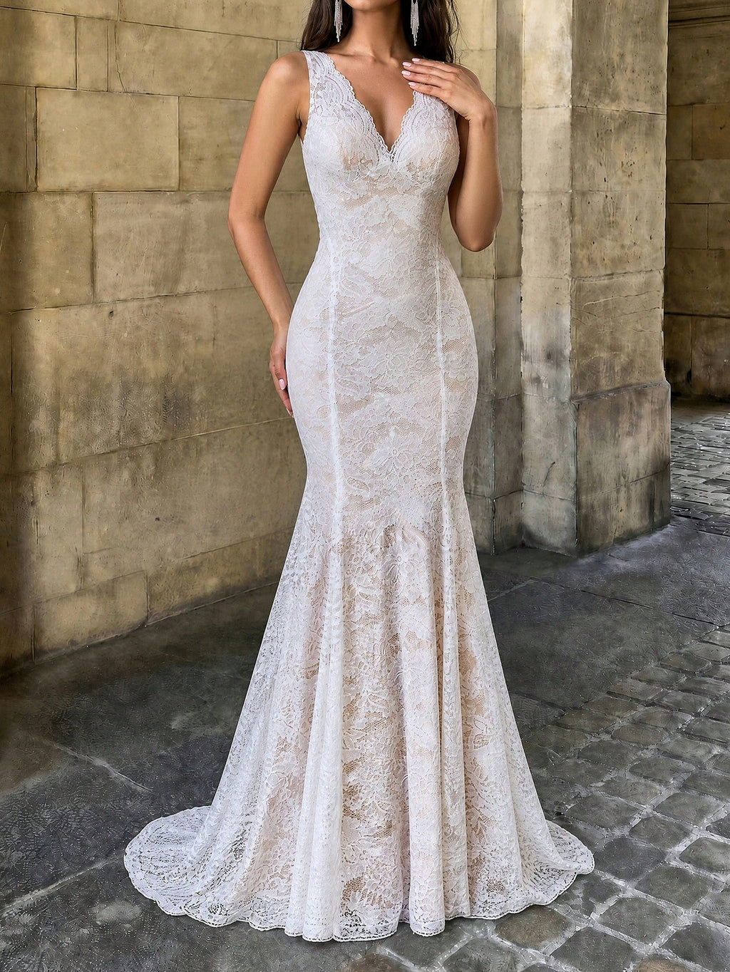 Firerie White Champagne V-Neck Scalloped Lace Backless Mermaid Tail Floor-Length Wedding Dress, Boho Bridal - image 4