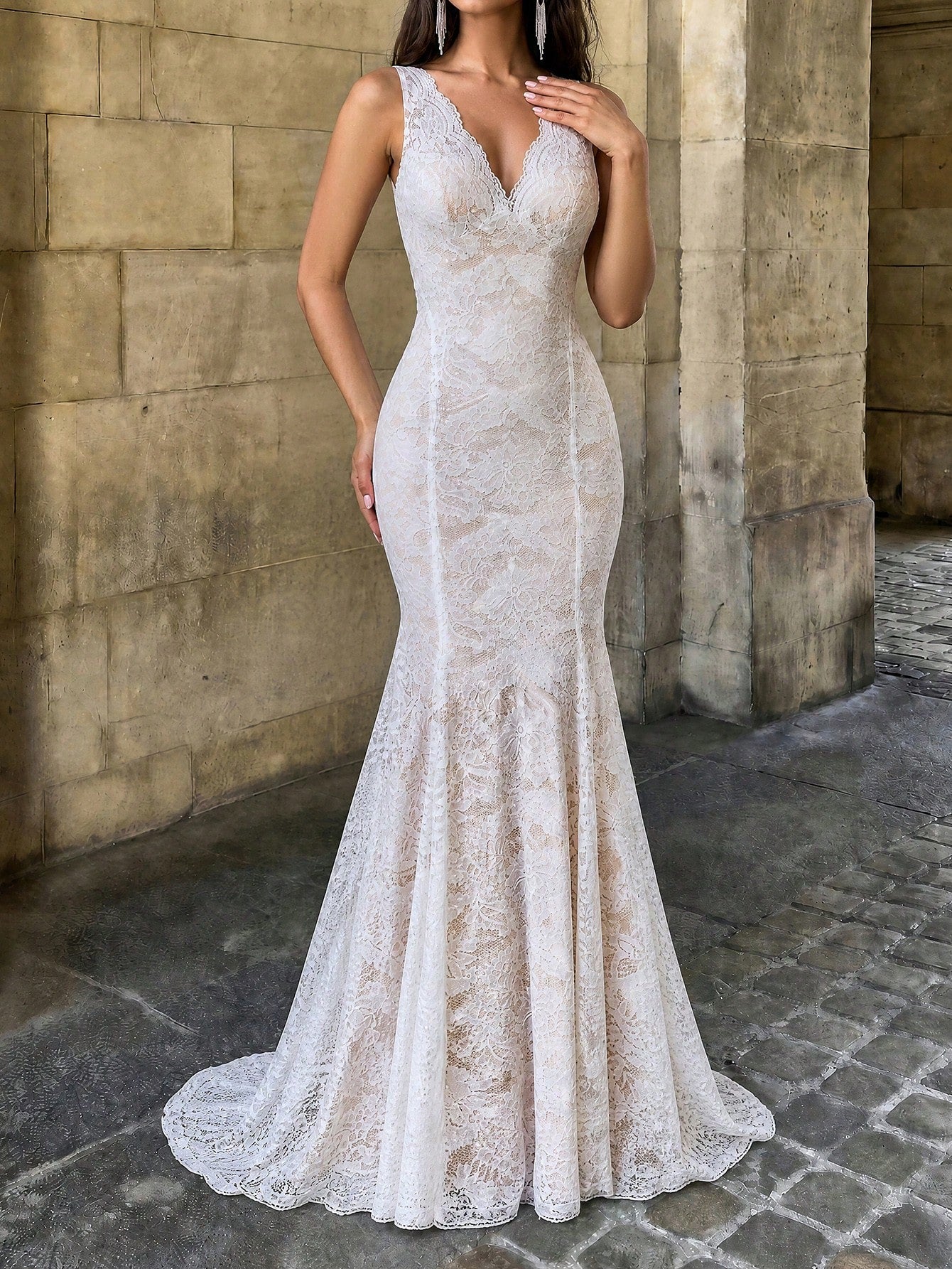 Firerie White Champagne V-Neck Scalloped Lace Backless Mermaid Tail Floor-Length Wedding Dress, Boho Bridal - image 4
