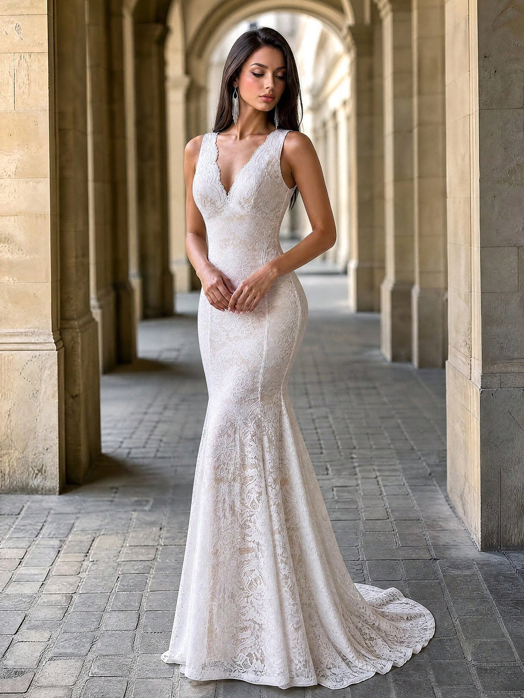 Firerie White Champagne V-Neck Scalloped Lace Backless Mermaid Tail Floor-Length Wedding Dress, Boho Bridal - image 5