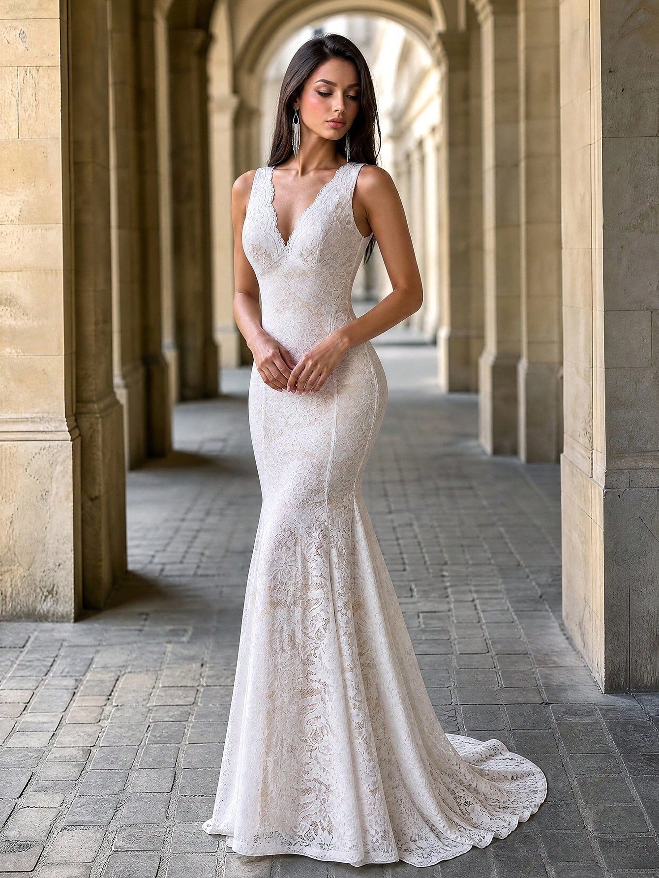 Firerie White Champagne V-Neck Scalloped Lace Backless Mermaid Tail Floor-Length Wedding Dress, Boho Bridal - image 5
